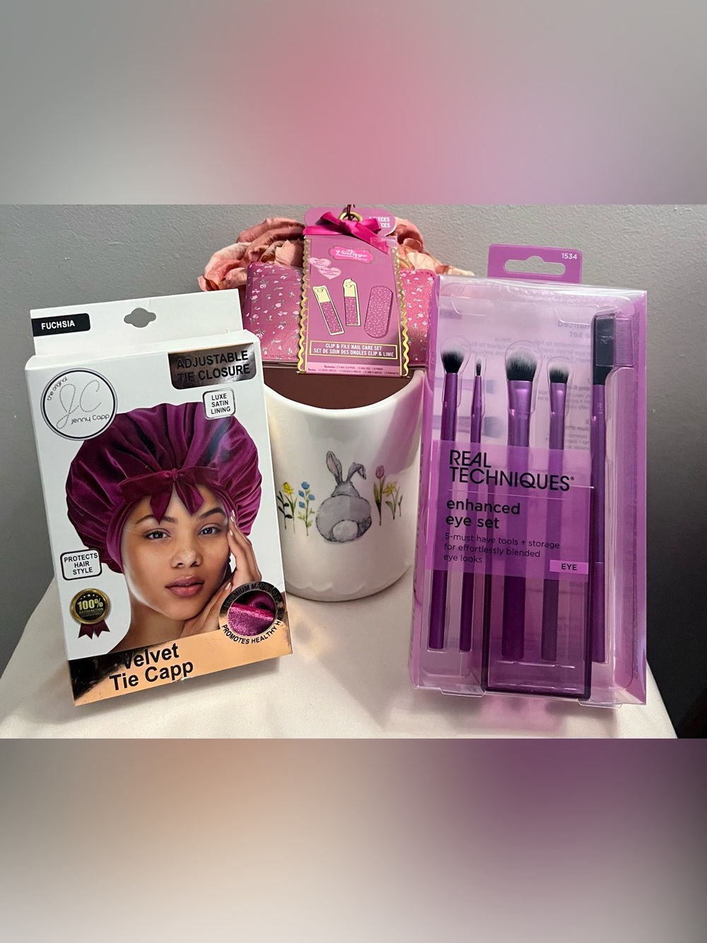 RAE DUNN Mug + Eye Brush Set, Velvet Bonnet & Nail Clip Set (NWT) 4-Piece Set. - Picture 2 of 11